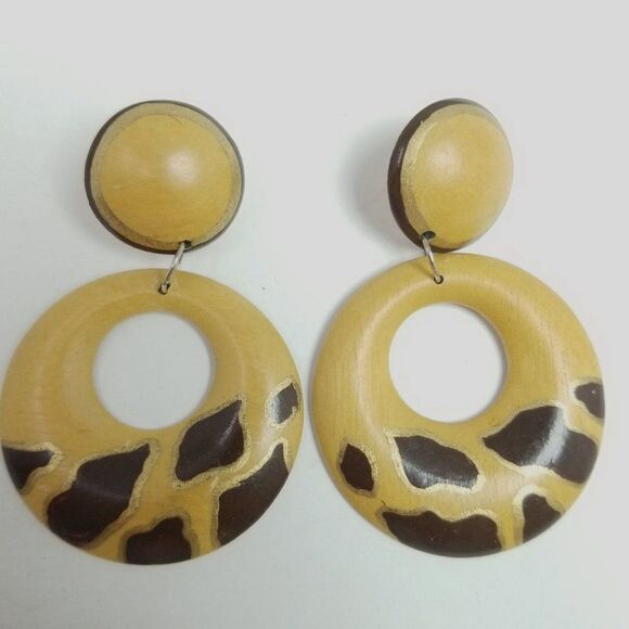 Vintage Tan and Brown Dangle Doorknocker Style Stud Earrings, Retro Estate - Picture 2 of 6